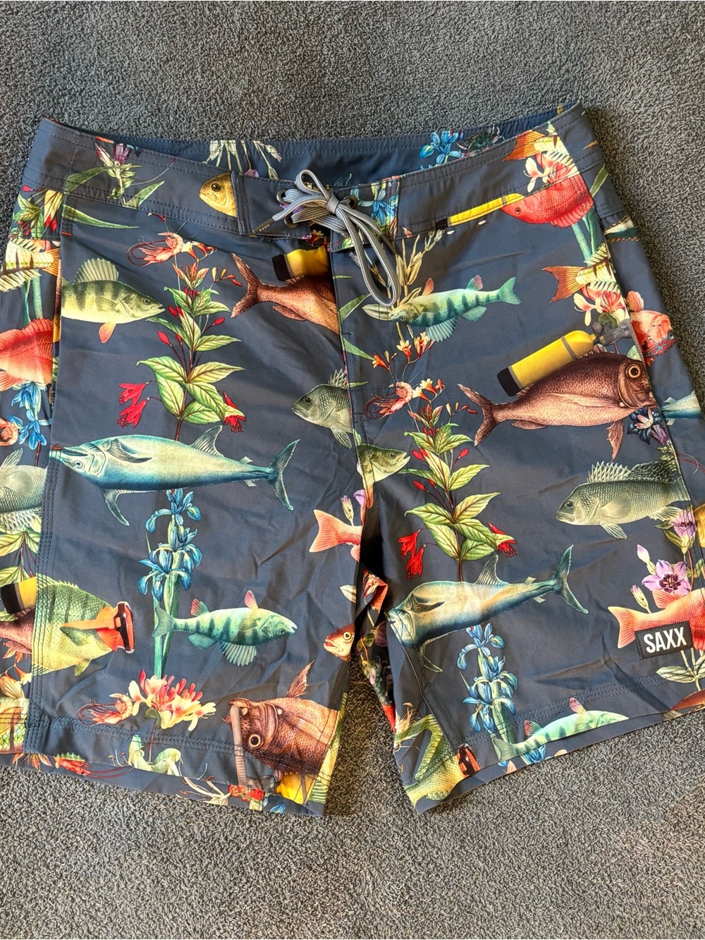 Saxx Navy Swim Shorts with Multicolor Tropical Fish Print